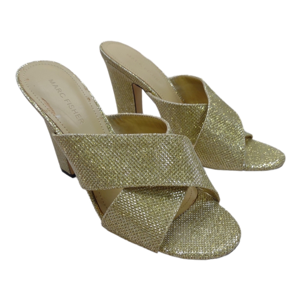 Marc Fisher Women's MF JAZZIA Sz 8M Block Heeled Sandal Gold Cross Band Mules